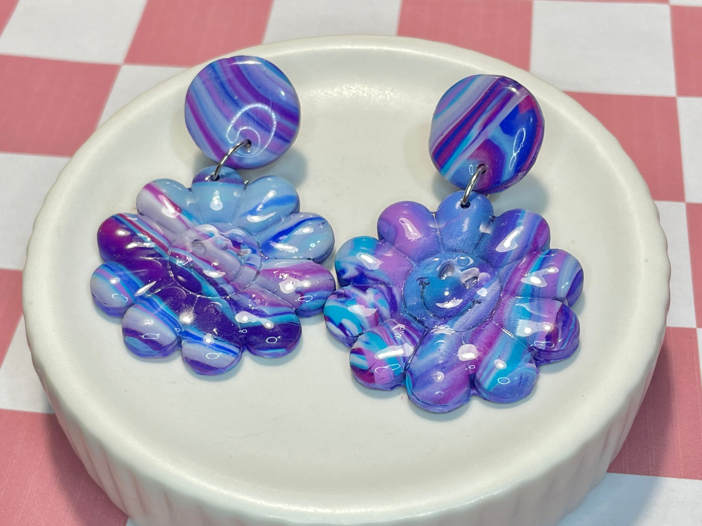 Groovy Purple Flower Dangle Stud Earrings