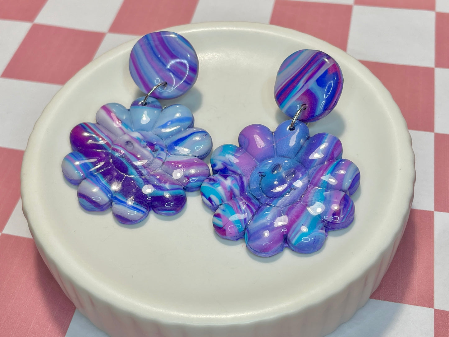 Groovy Purple Flower Dangle Stud Earrings