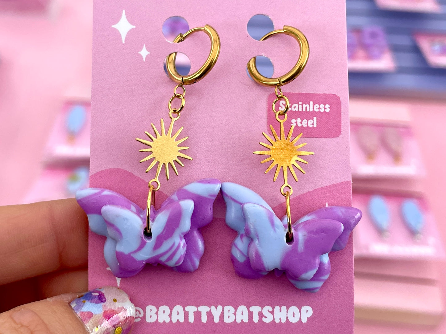 Blue and Purple Butterfly Earrings on Gold Coloured Hooks