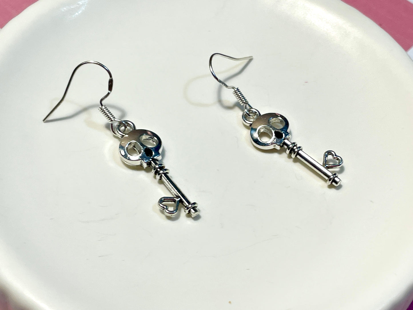 Silver Skull Key Earrings