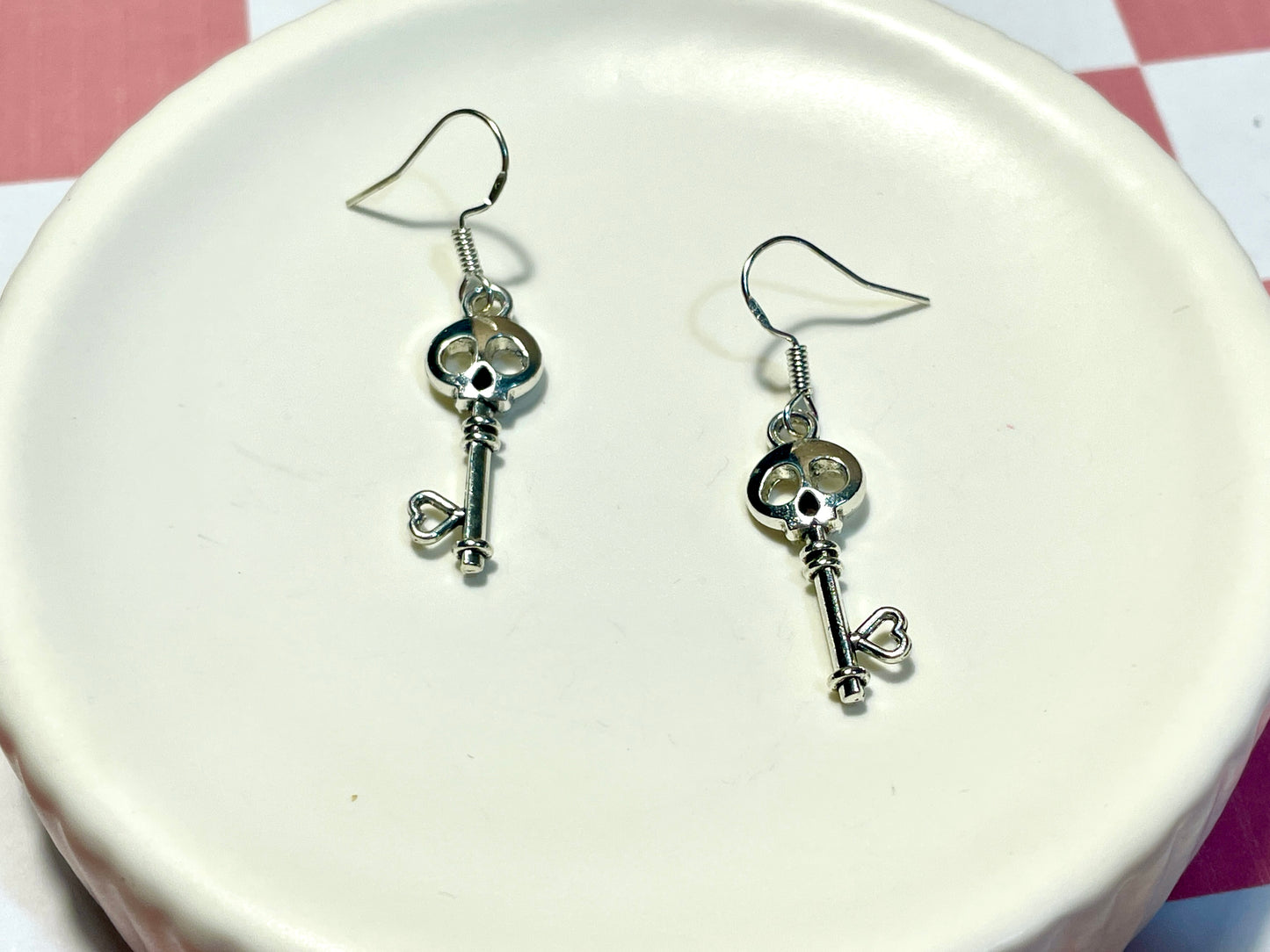 Silver Skull Key Earrings
