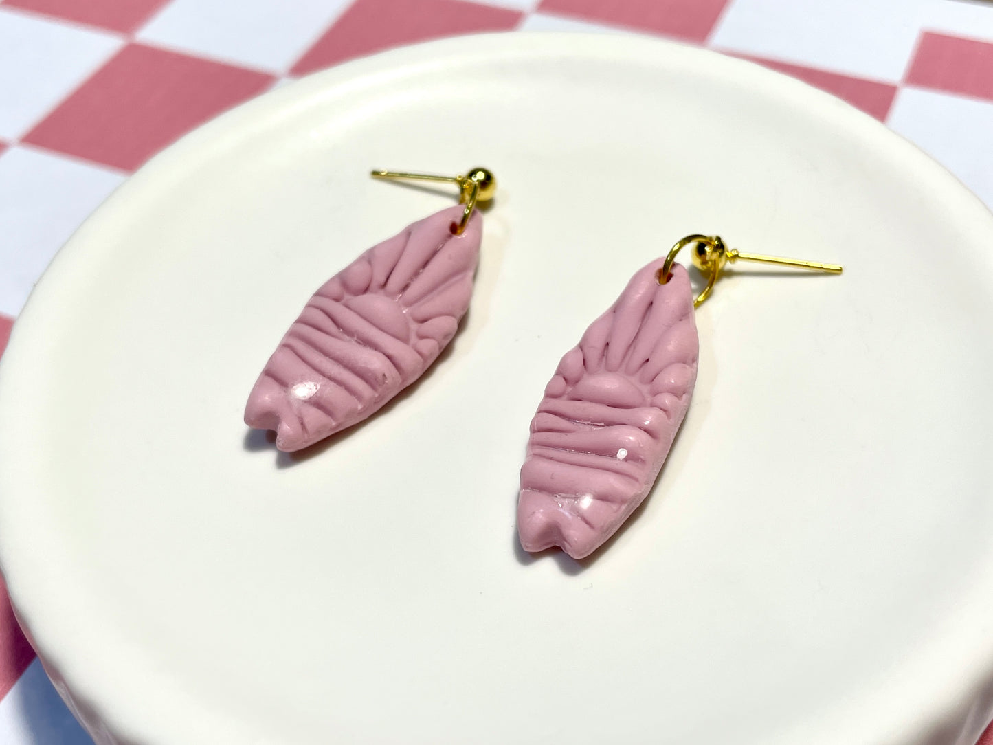 Pink Surfboard Earrings on Gold Stud