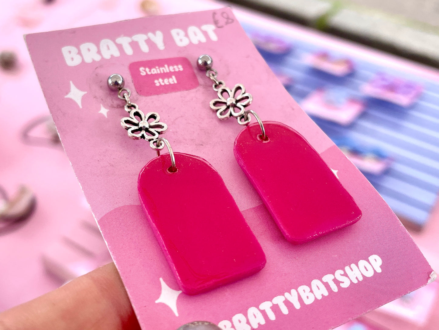 Pink Arch Dangle Stud Earrings with Flowers
