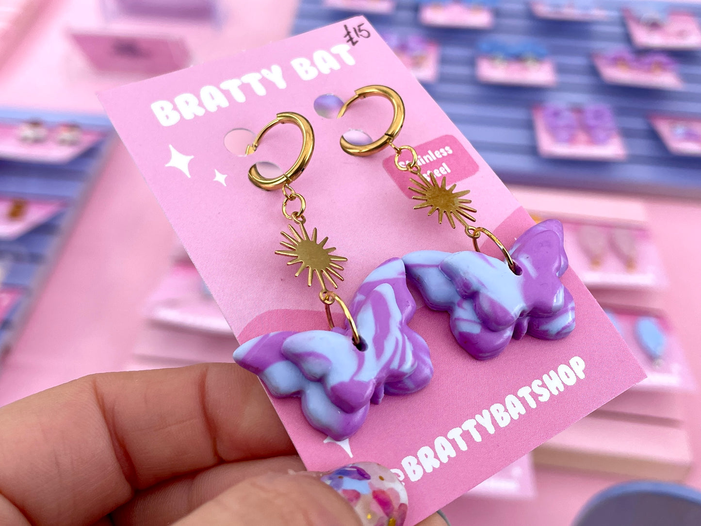 Blue and Purple Butterfly Earrings on Gold Coloured Hooks