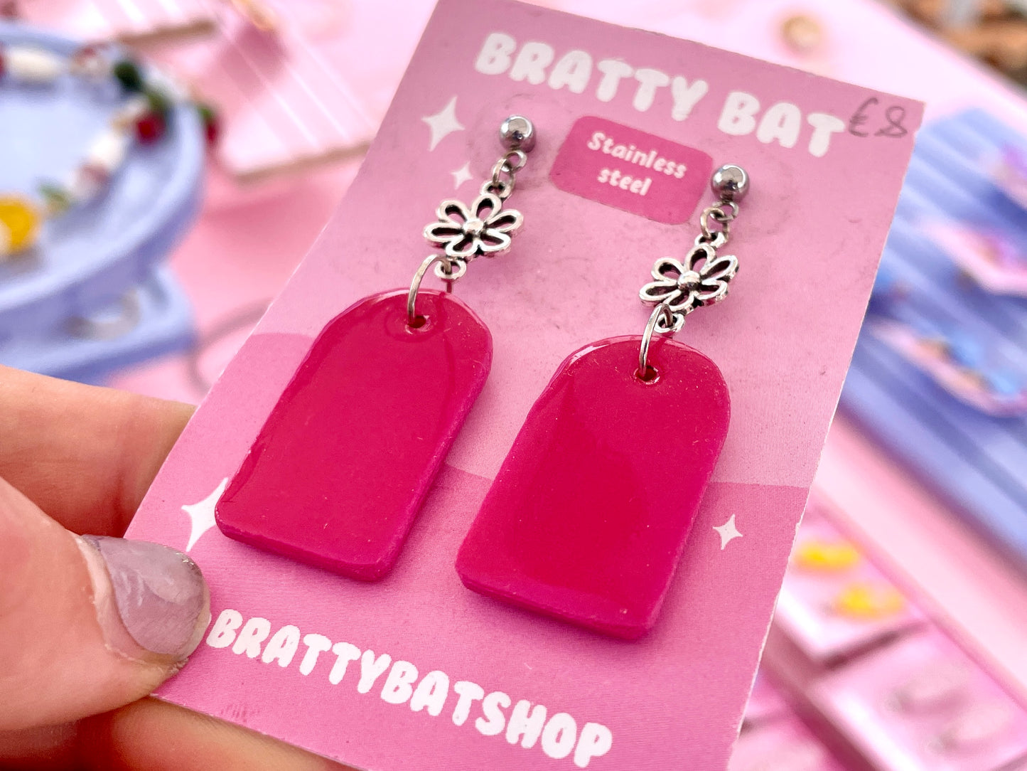 Pink Arch Dangle Stud Earrings with Flowers