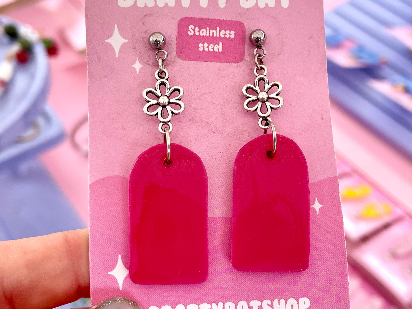 Pink Arch Dangle Stud Earrings with Flowers