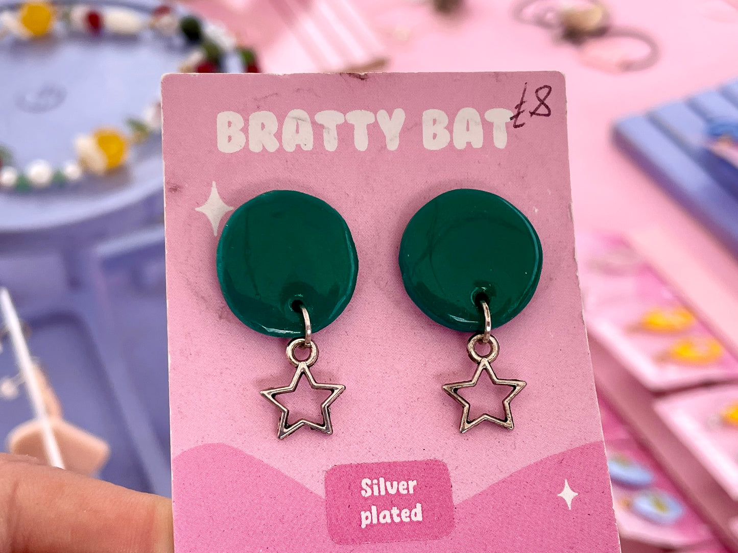 Green Circle Stud Earrings with Stars