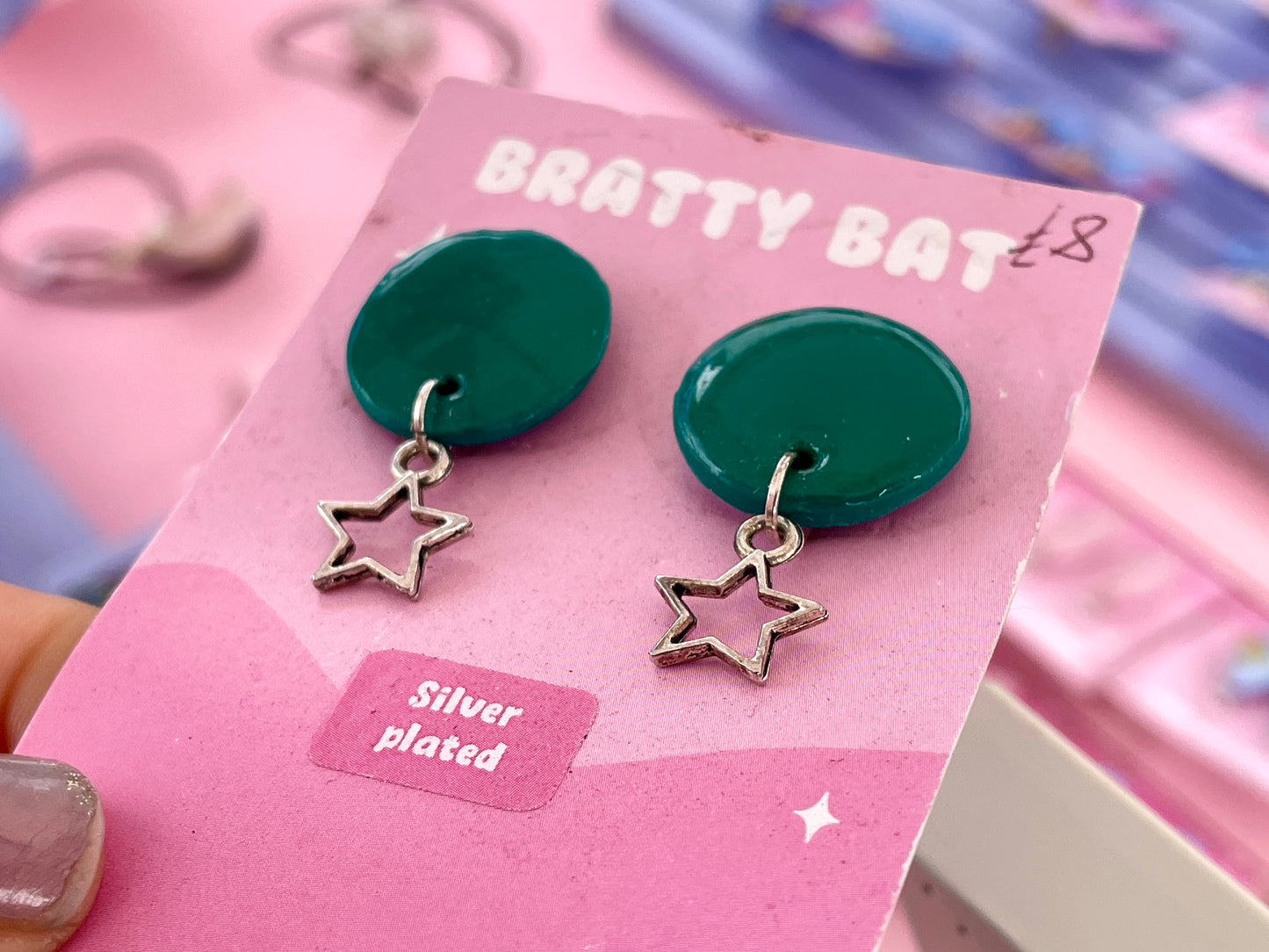 Green Circle Stud Earrings with Stars