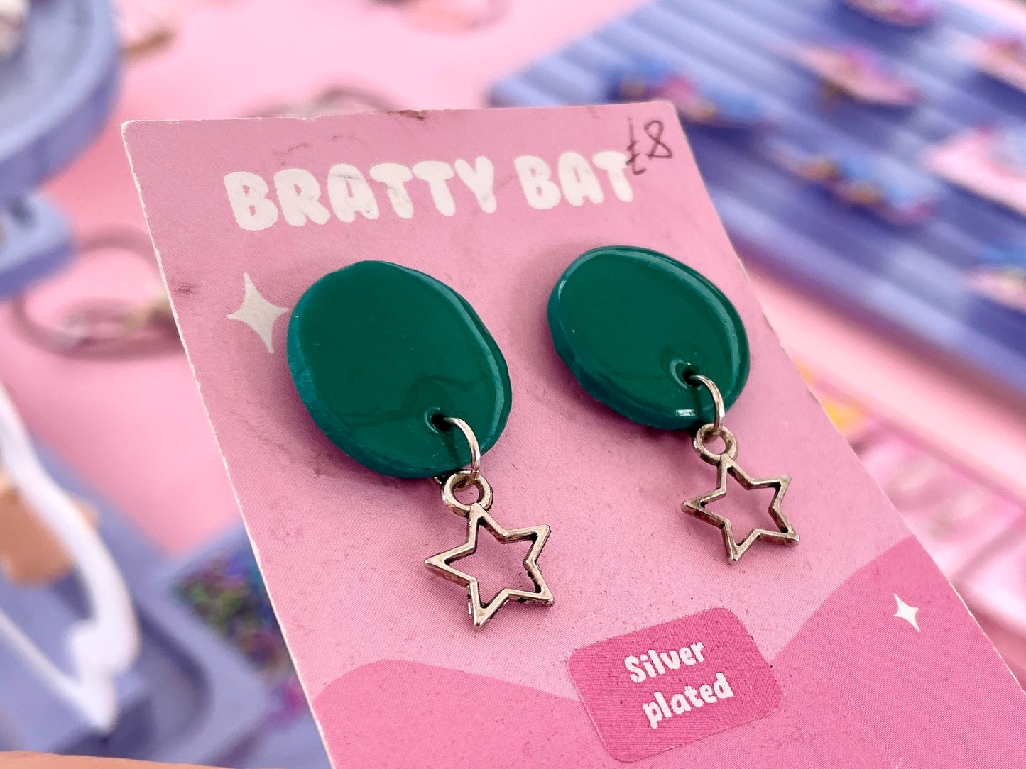 Green Circle Stud Earrings with Stars
