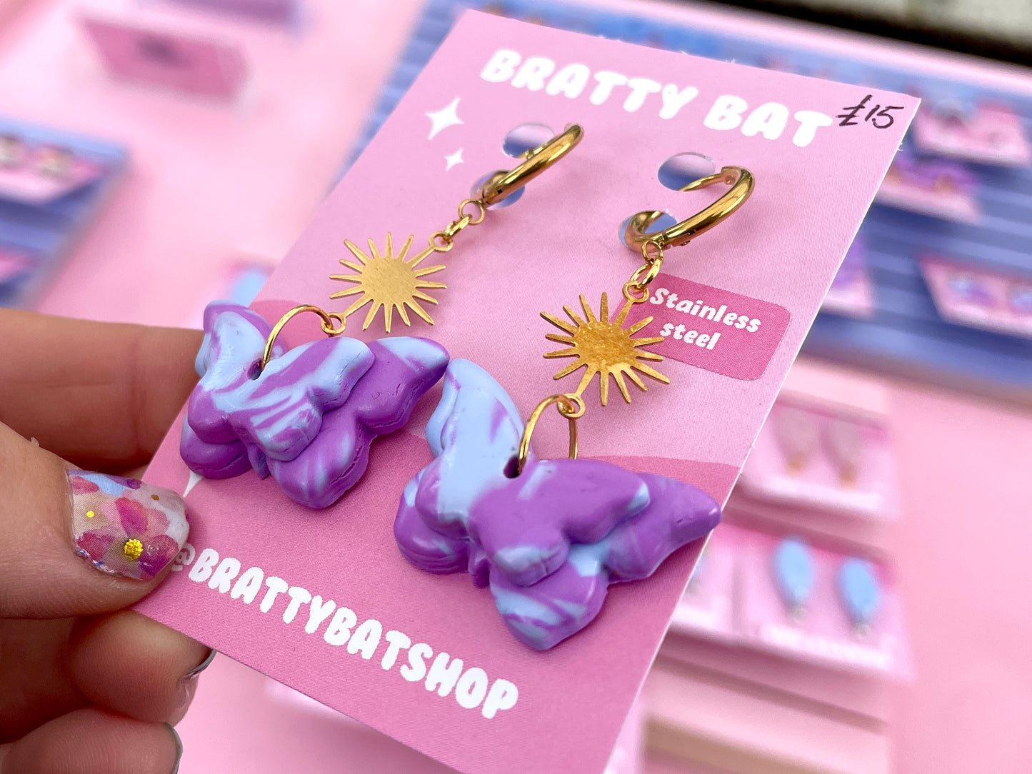 Blue and Purple Butterfly Earrings on Gold Coloured Hooks