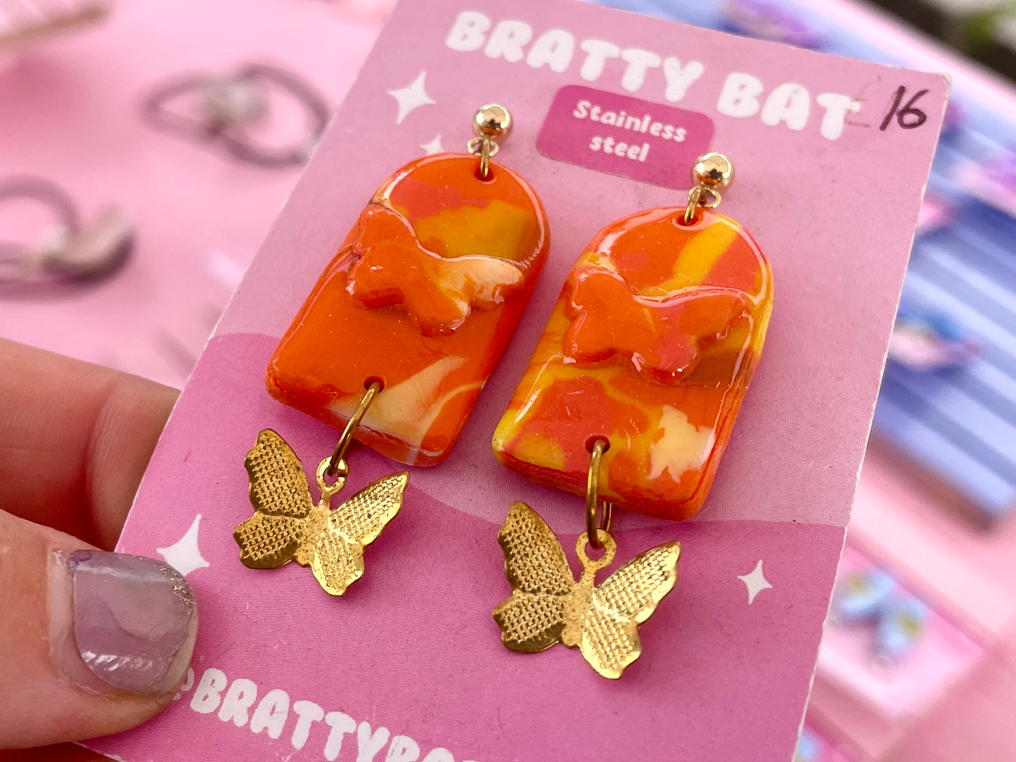 Orange Butterfly Arch Dangle Stud Earrings