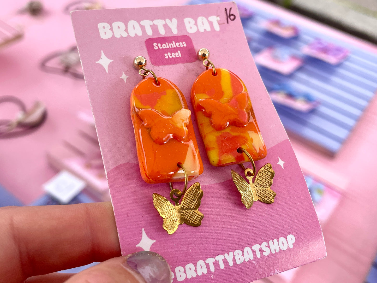 Orange Butterfly Arch Dangle Stud Earrings