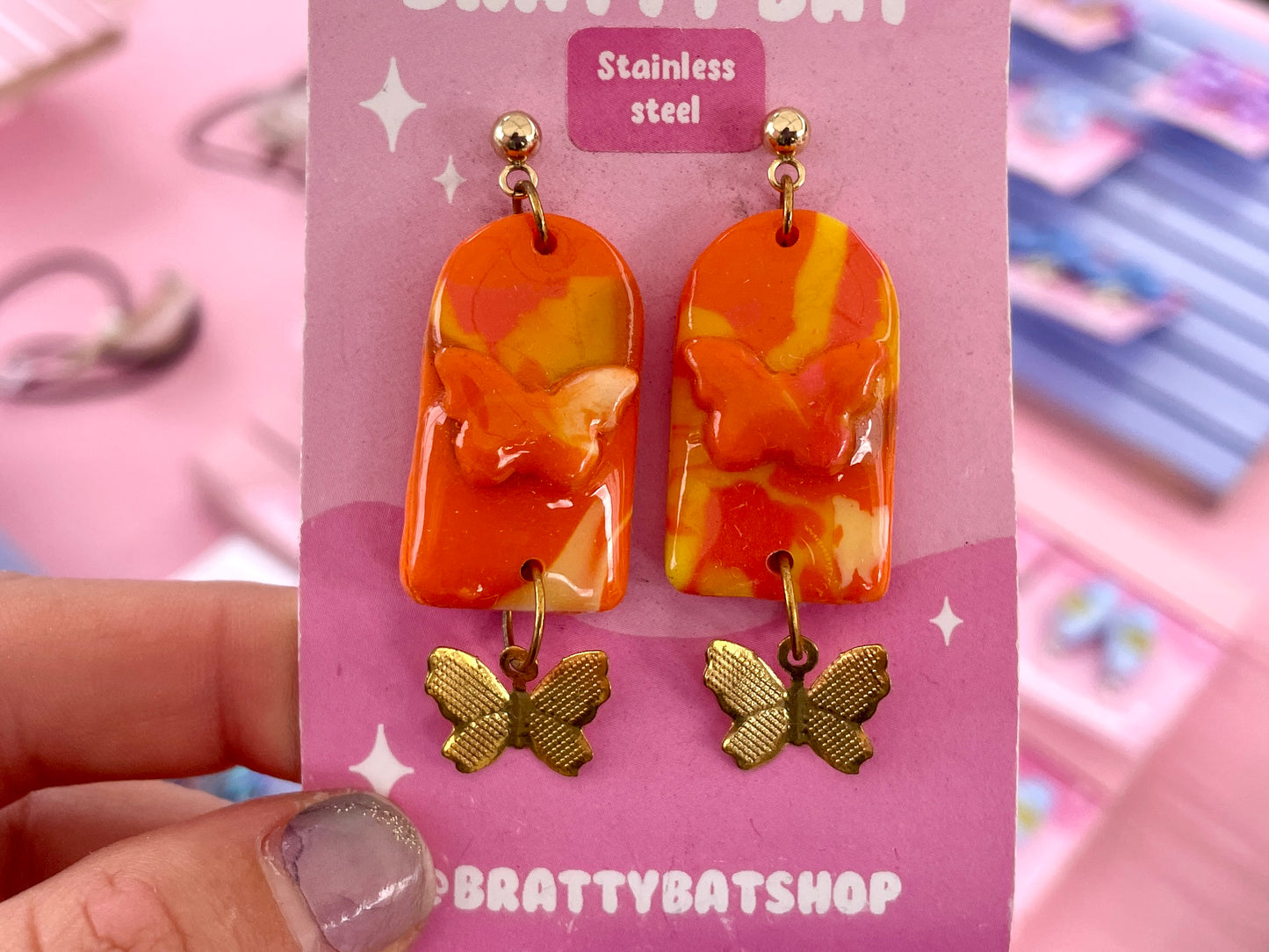 Orange Butterfly Arch Dangle Stud Earrings