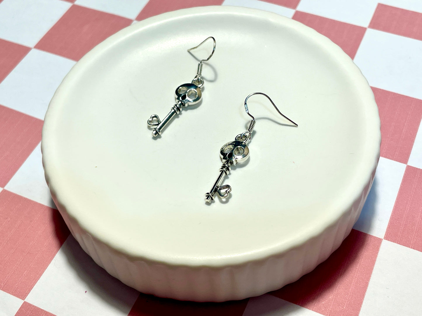 Silver Skull Key Earrings