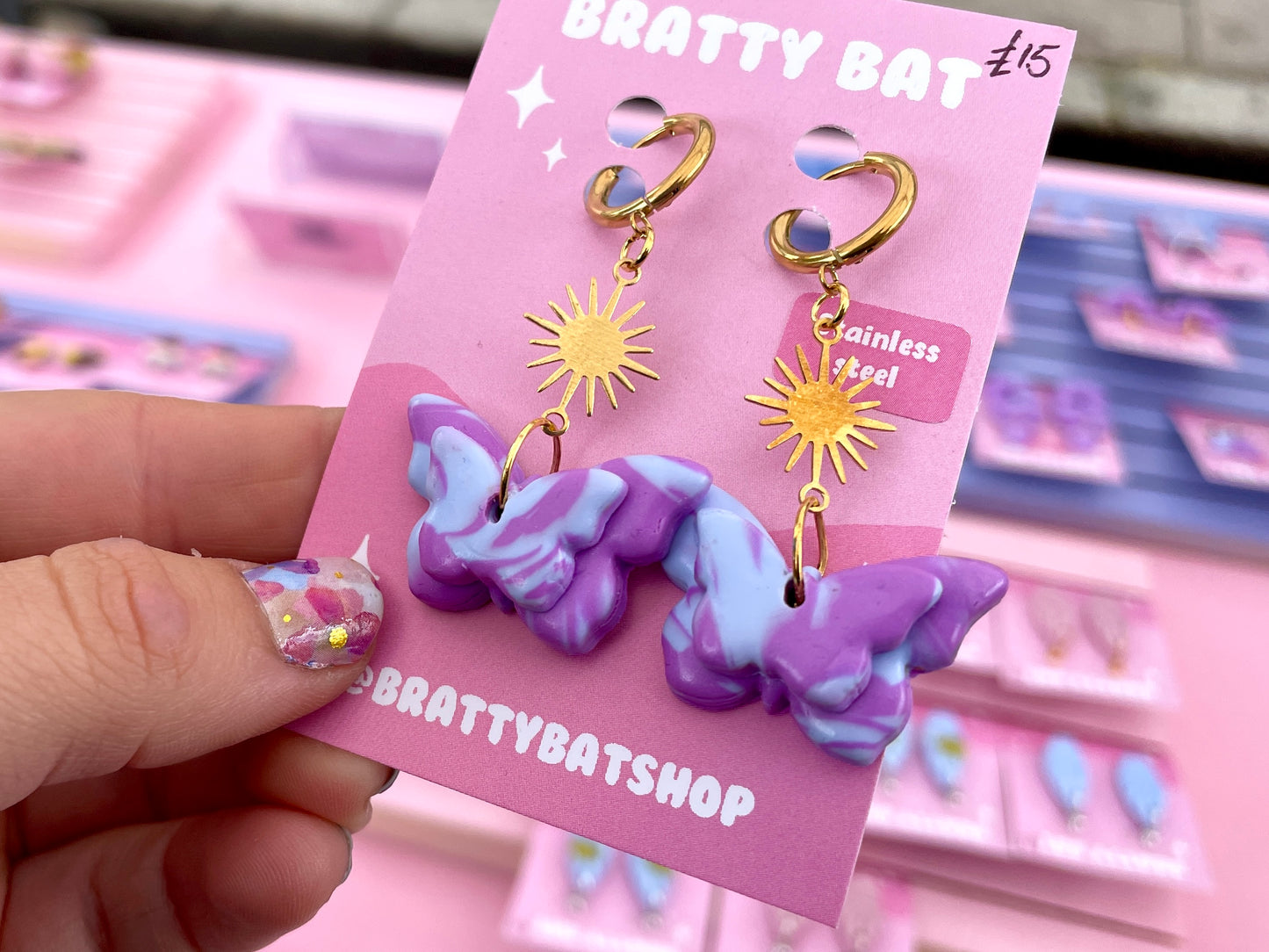 Blue and Purple Butterfly Earrings on Gold Coloured Hooks
