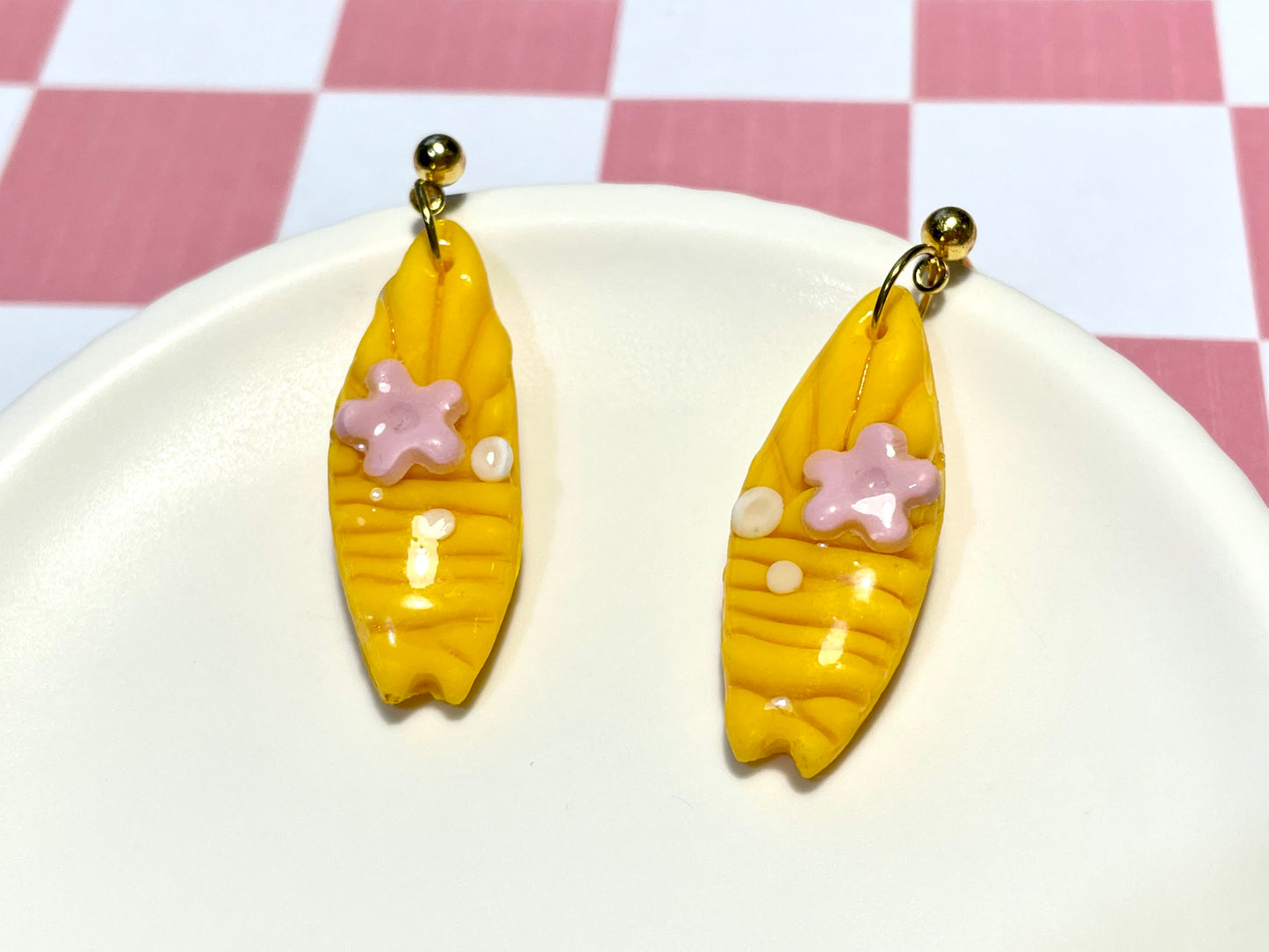 Yellow Surfboard Earrings on Gold Stud with Flower