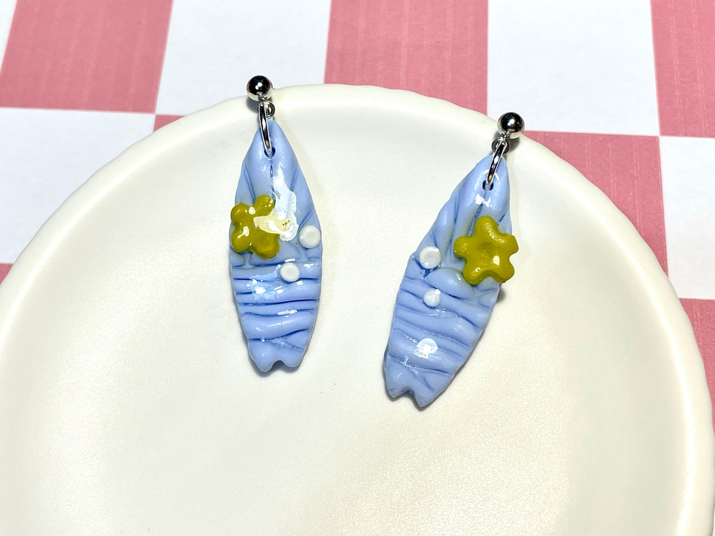 Blue Surfboard Earrings on Silver Stud with Flower