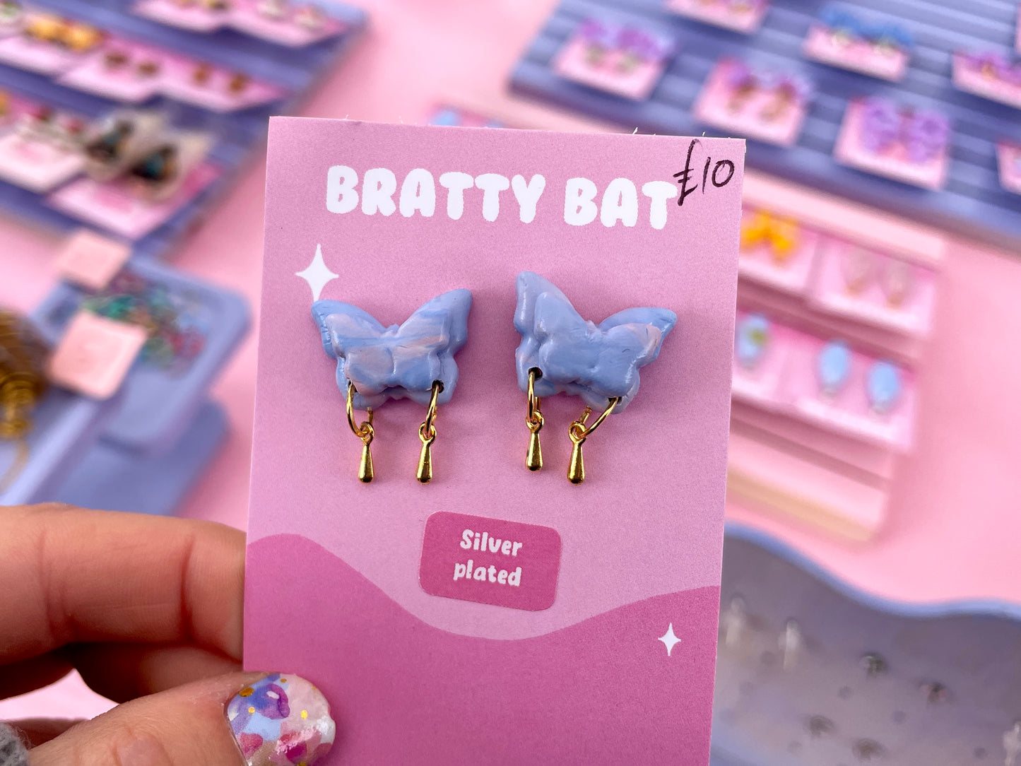 Lilac Butterfly Stud Earrings with Gold Droplets