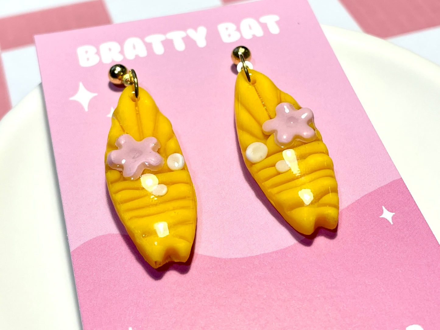 Yellow Surfboard Earrings on Gold Stud with Flower