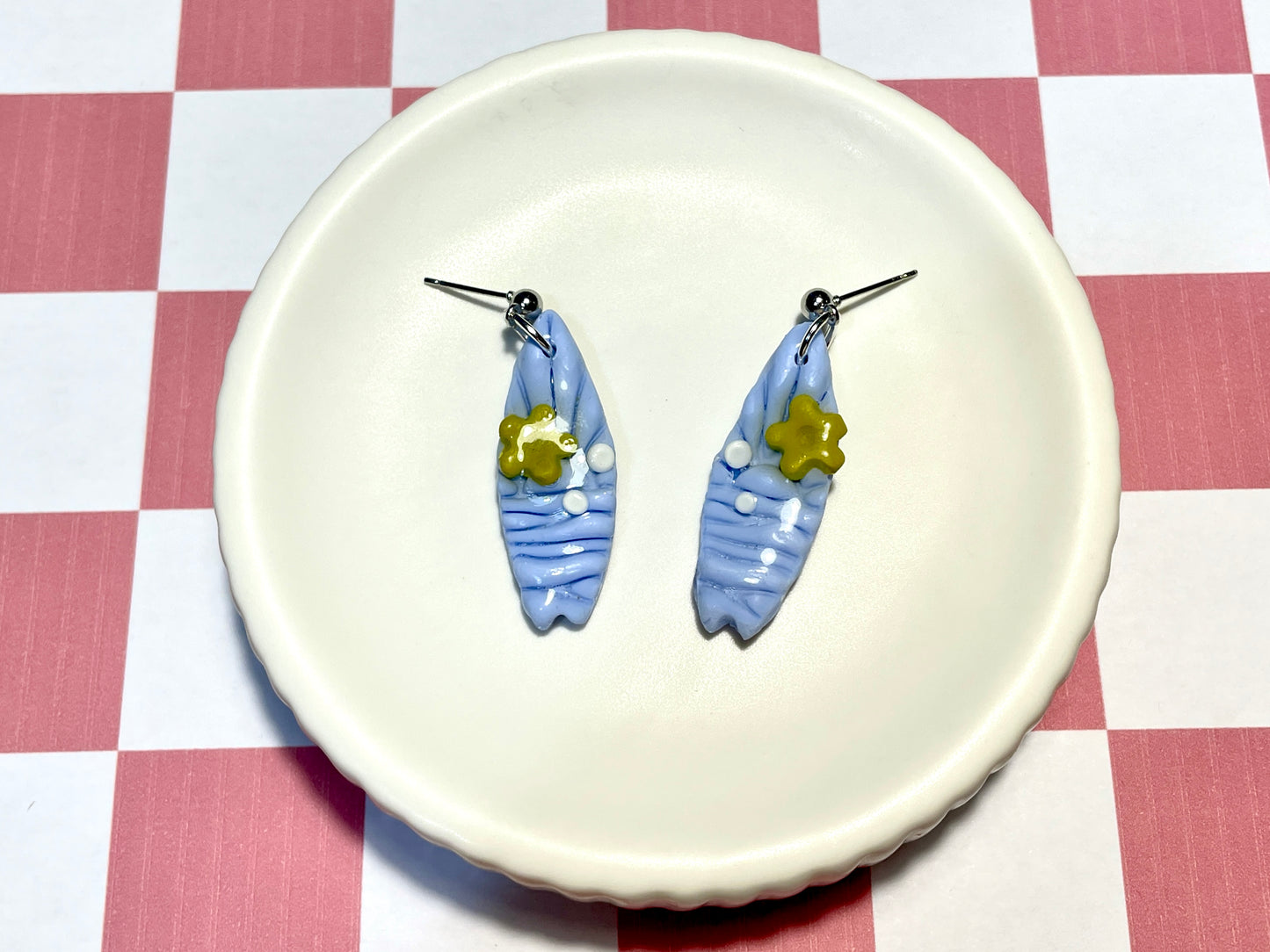 Blue Surfboard Earrings on Silver Stud with Flower