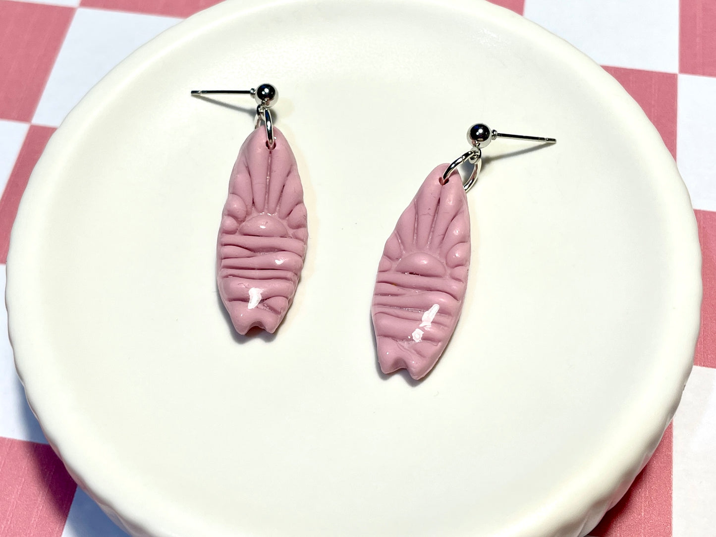 Pink Surfboard Earrings on Silver Stud