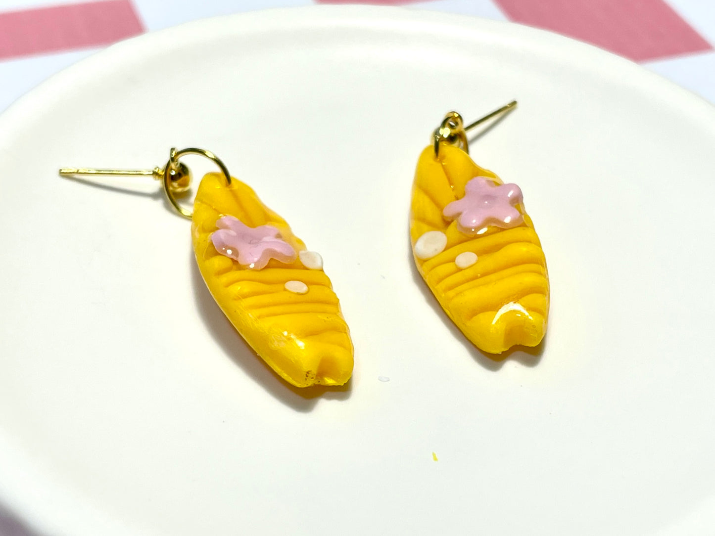 Yellow Surfboard Earrings on Gold Stud with Flower