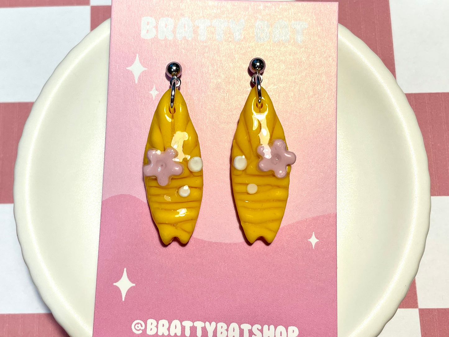 Yellow Surfboard Earrings on Silver Stud with Flower