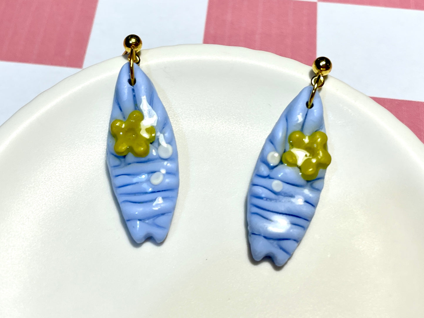 Blue Surfboard Earrings on Gold Stud with Flower