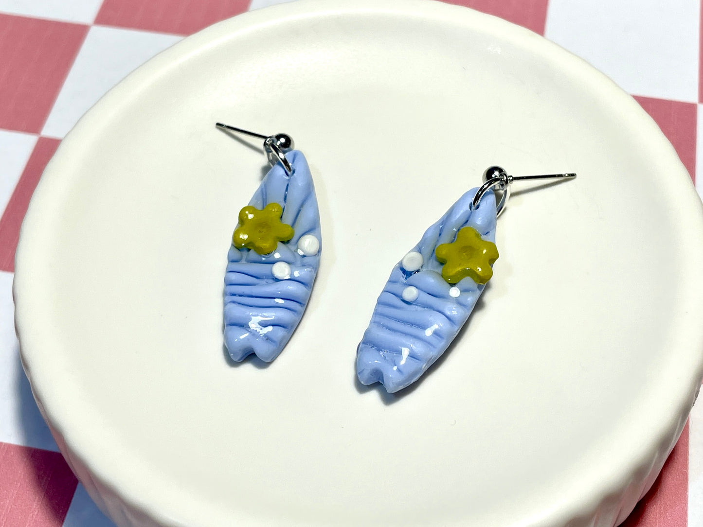 Blue Surfboard Earrings on Silver Stud with Flower