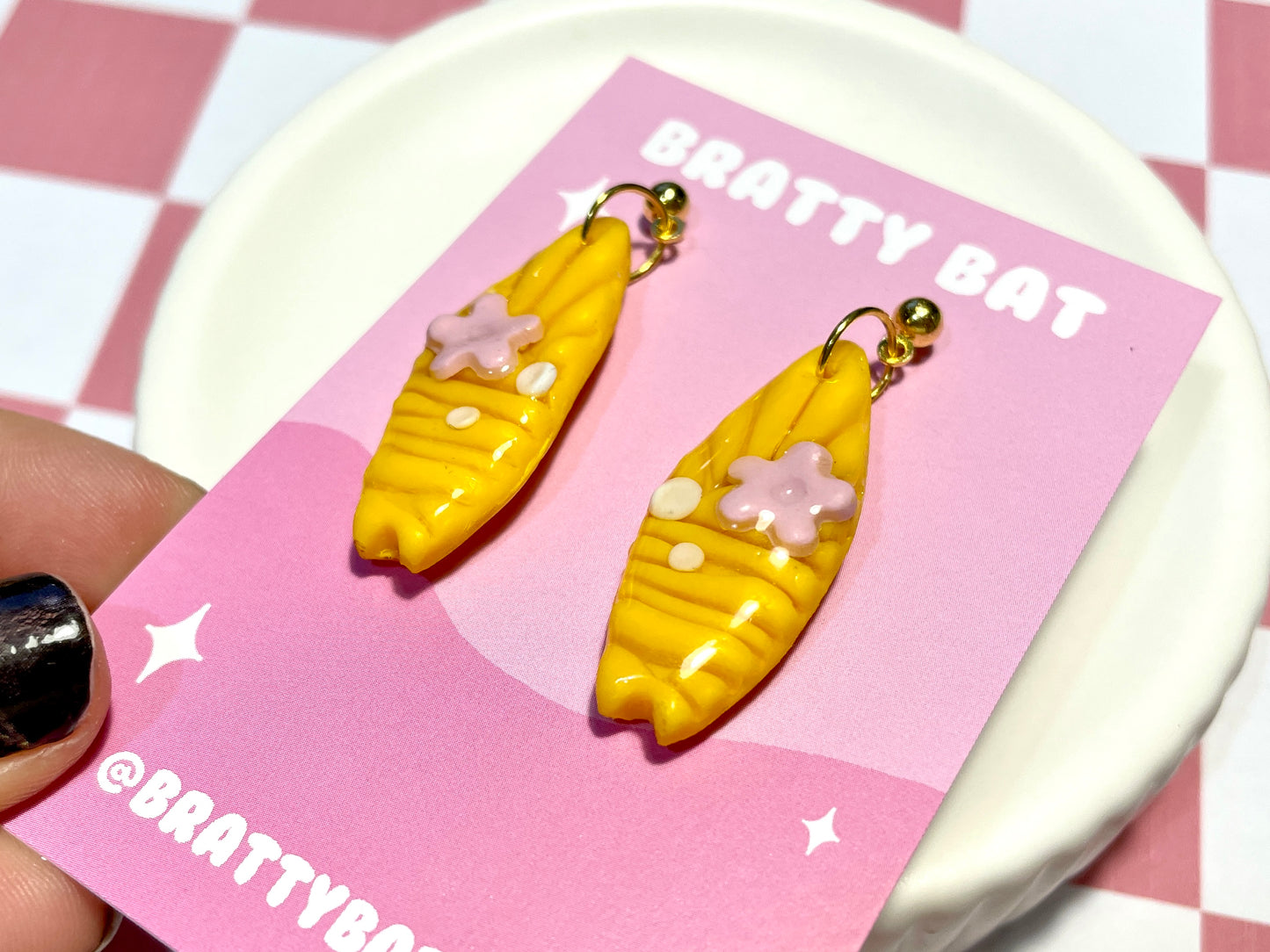 Yellow Surfboard Earrings on Gold Stud with Flower