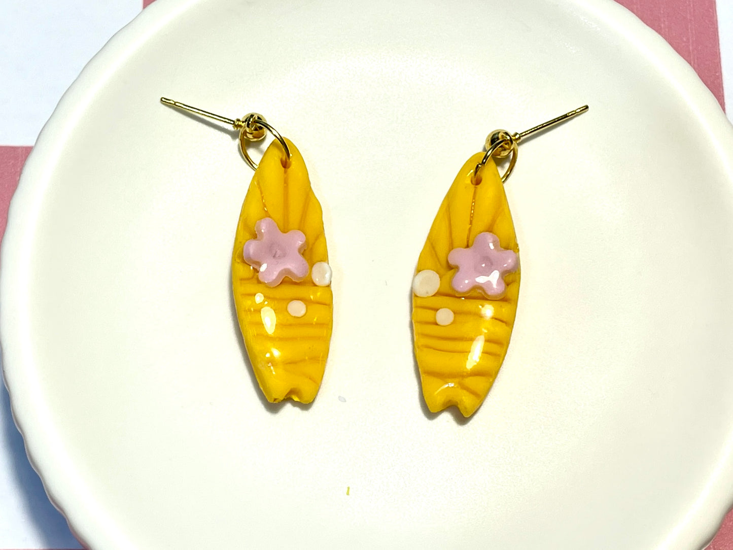 Yellow Surfboard Earrings on Gold Stud with Flower