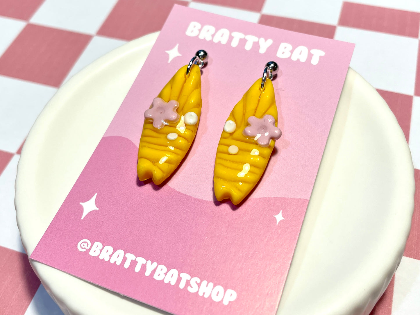 Yellow Surfboard Earrings on Silver Stud with Flower