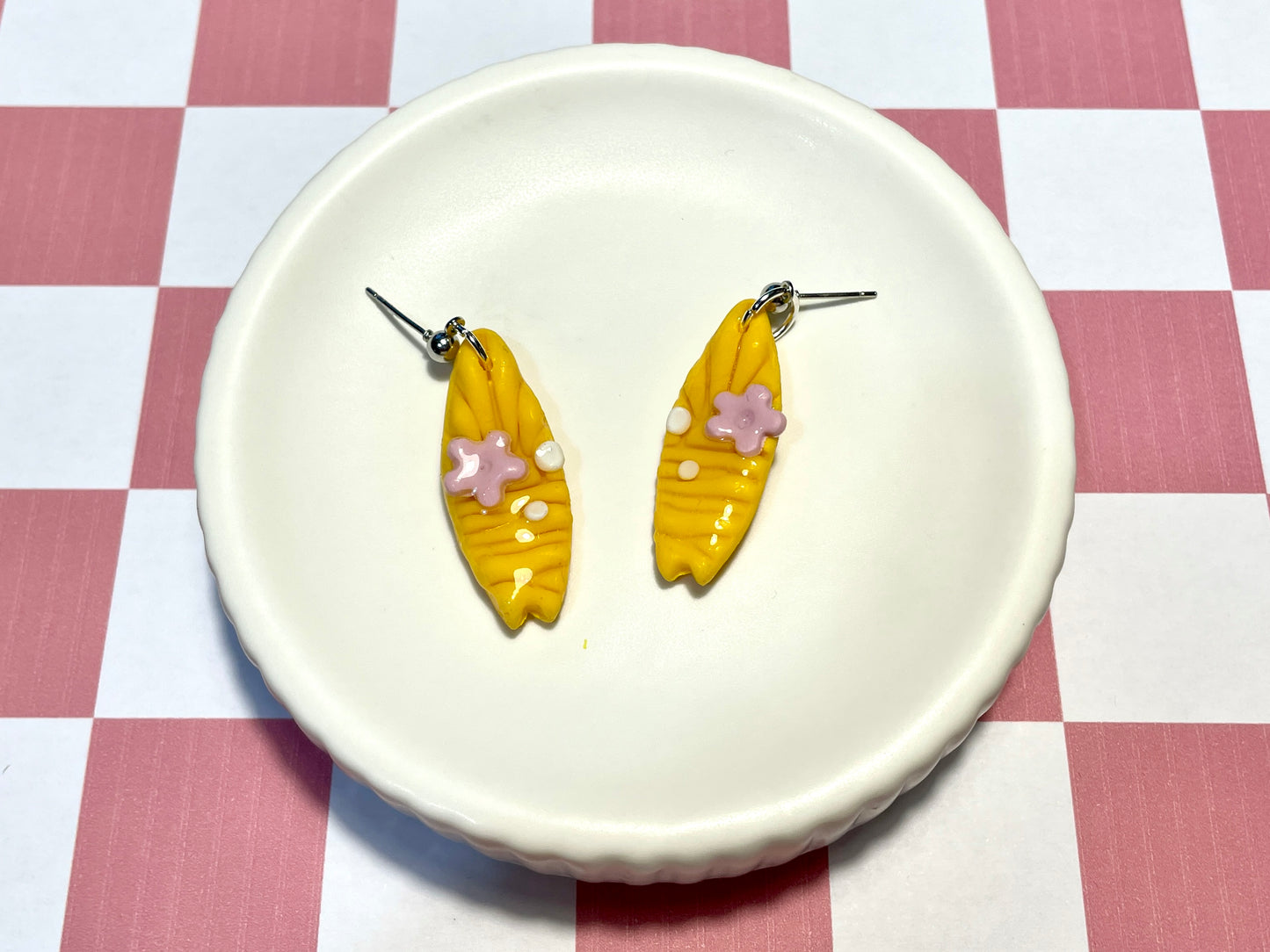 Yellow Surfboard Earrings on Silver Stud with Flower