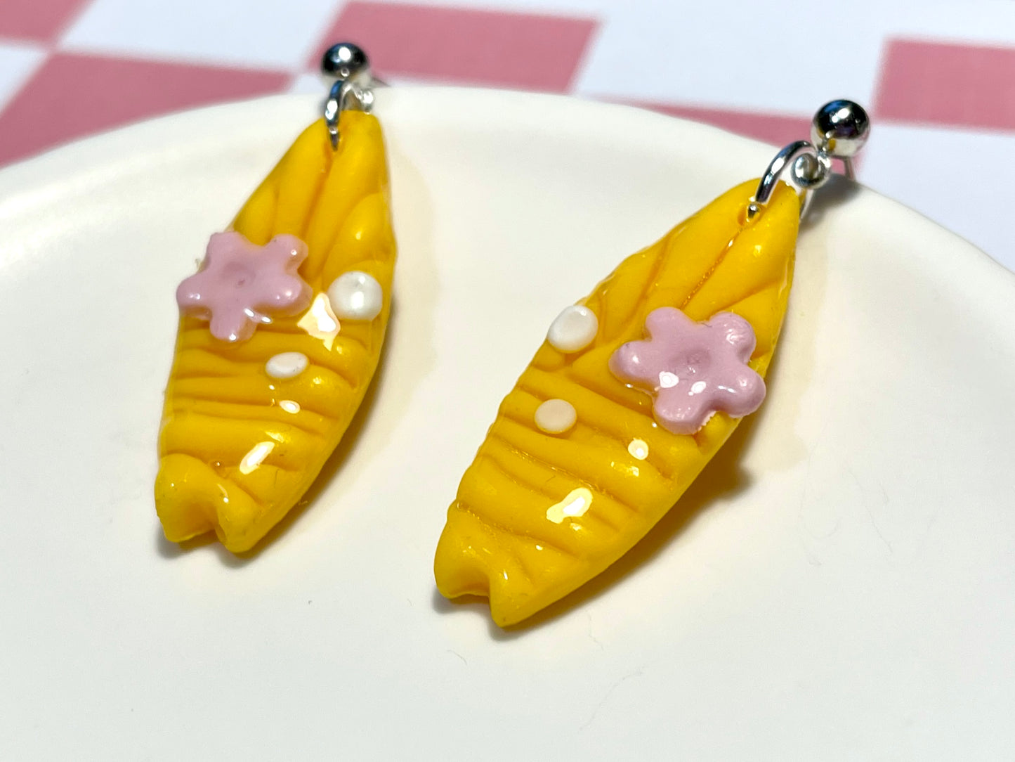 Yellow Surfboard Earrings on Silver Stud with Flower