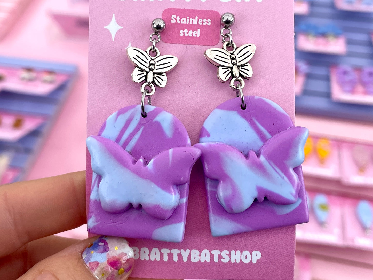 Blue and Purple Butterfly Arch Earrings with Charms
