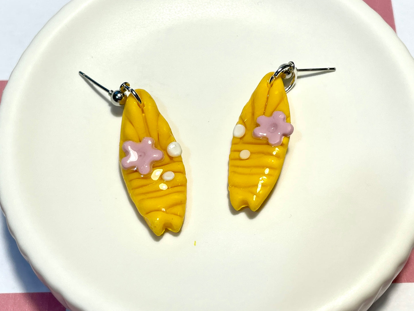 Yellow Surfboard Earrings on Silver Stud with Flower