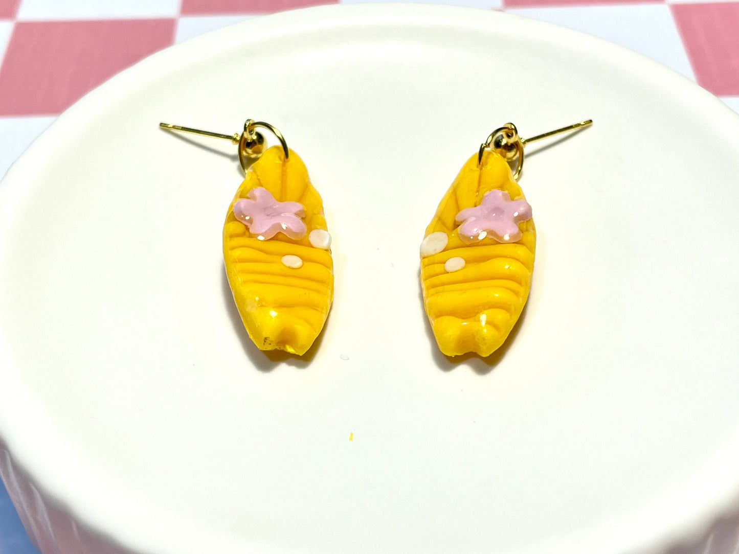 Yellow Surfboard Earrings on Gold Stud with Flower