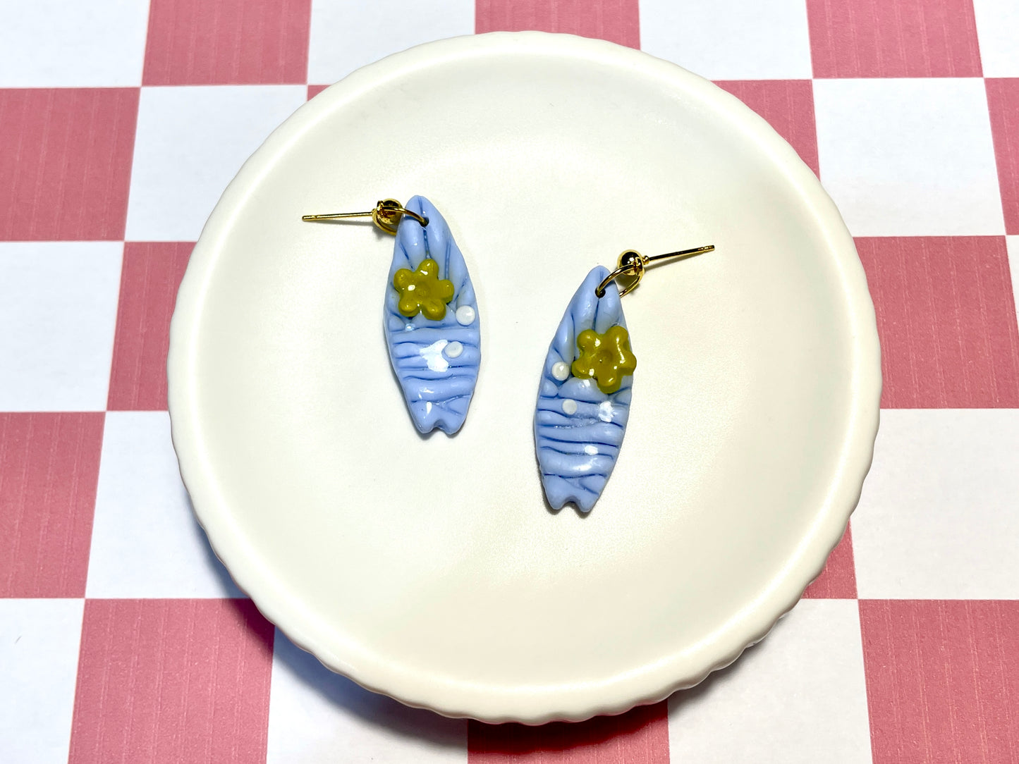 Blue Surfboard Earrings on Gold Stud with Flower