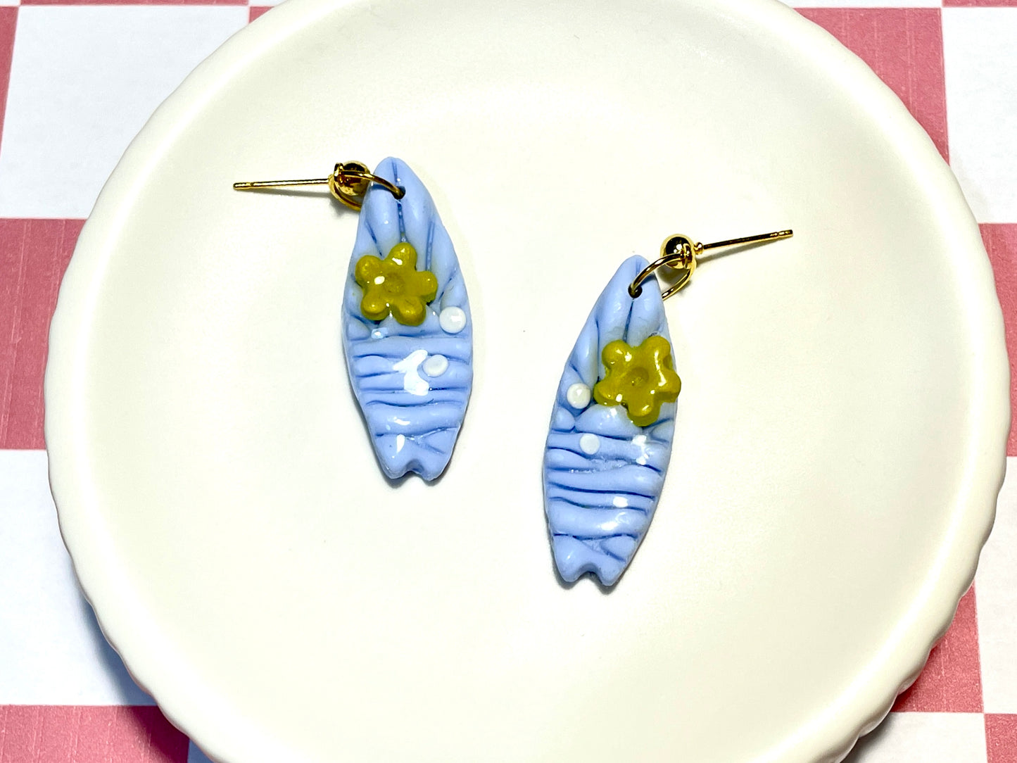 Blue Surfboard Earrings on Gold Stud with Flower