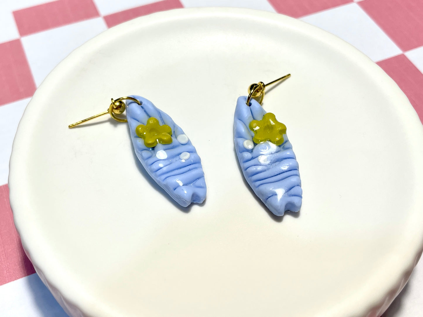 Blue Surfboard Earrings on Gold Stud with Flower