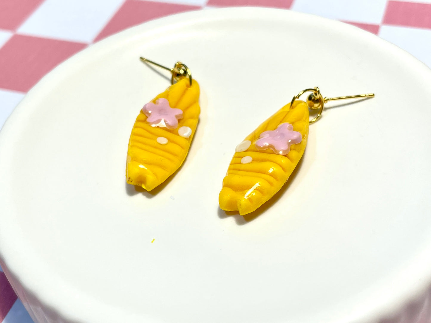 Yellow Surfboard Earrings on Gold Stud with Flower