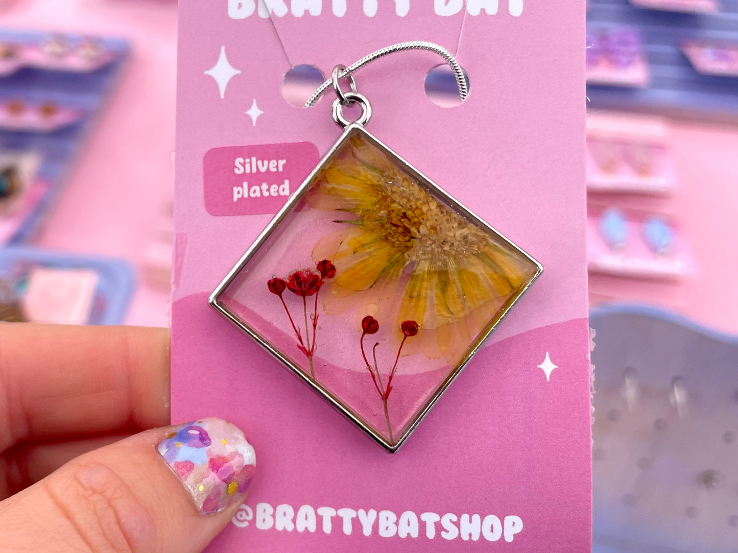 Yellow Flower Resin Square Necklace