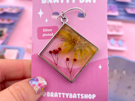 Yellow Flower Resin Square Necklace