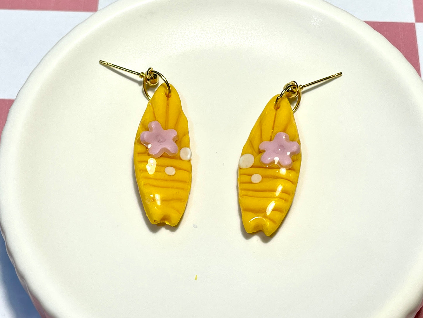 Yellow Surfboard Earrings on Gold Stud with Flower