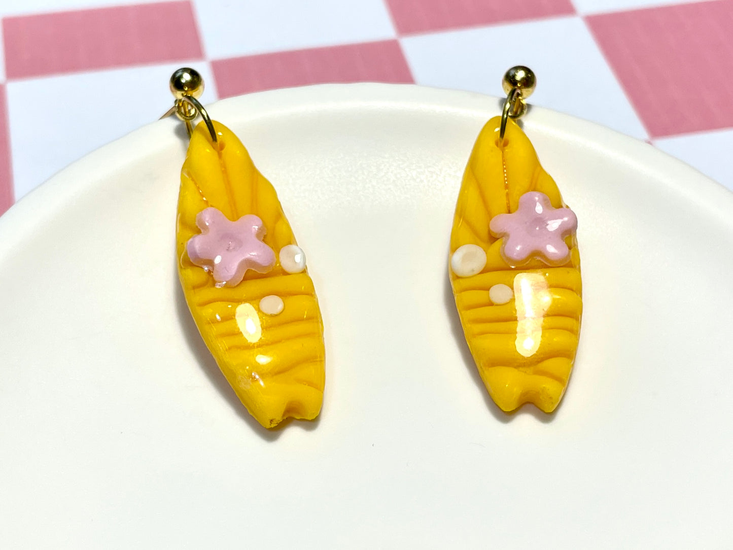 Yellow Surfboard Earrings on Gold Stud with Flower