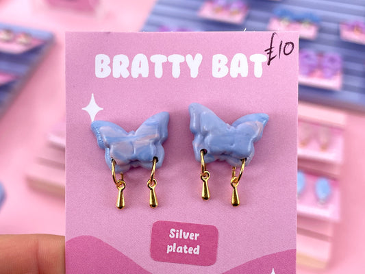 Lilac Butterfly Stud Earrings with Gold Droplets