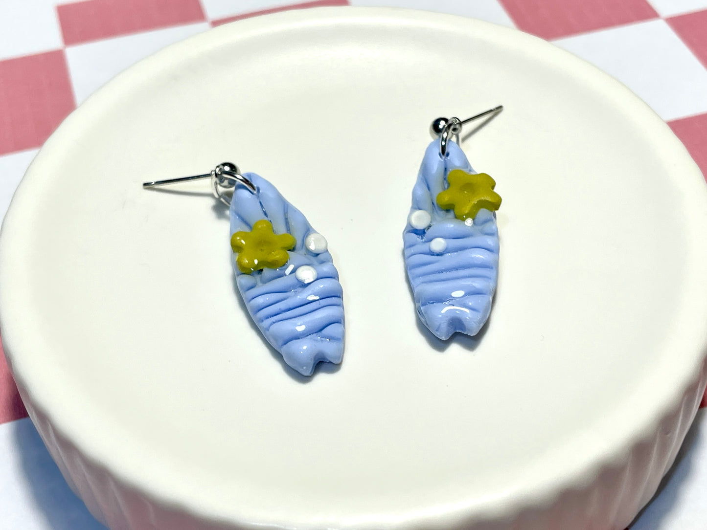 Blue Surfboard Earrings on Silver Stud with Flower