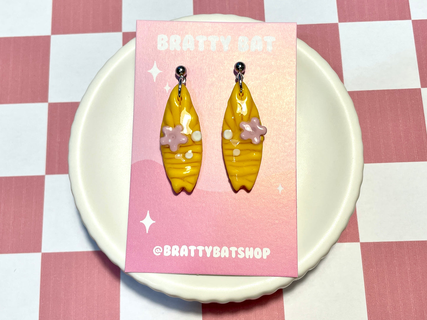 Yellow Surfboard Earrings on Silver Stud with Flower