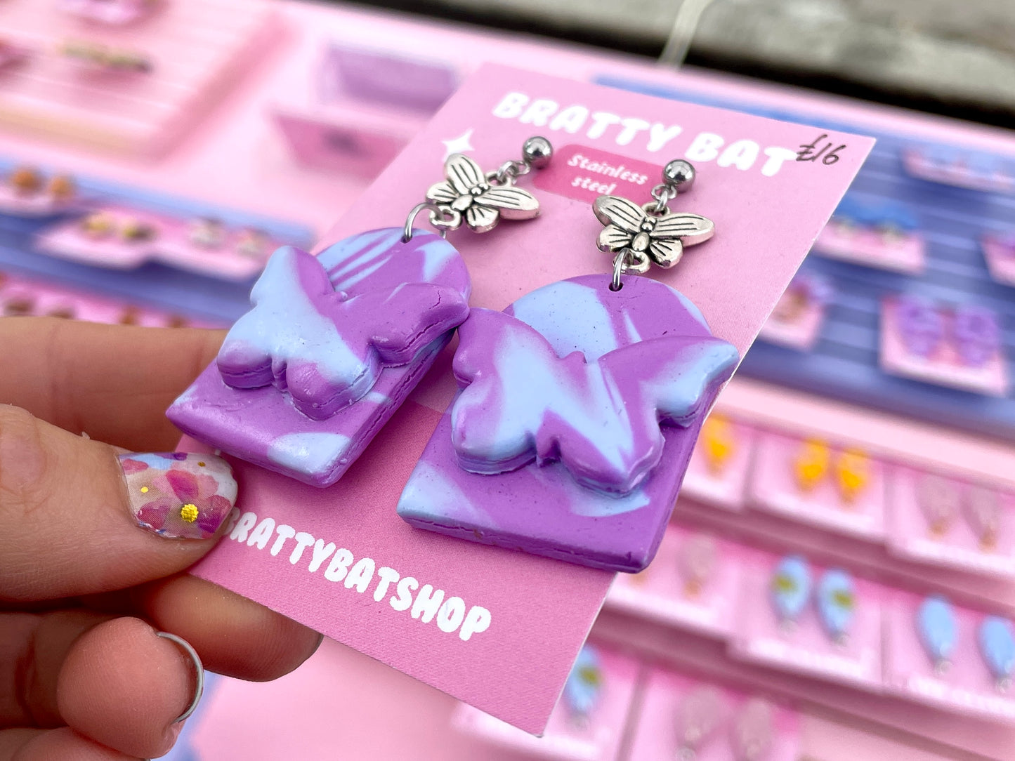 Blue and Purple Butterfly Arch Earrings with Charms