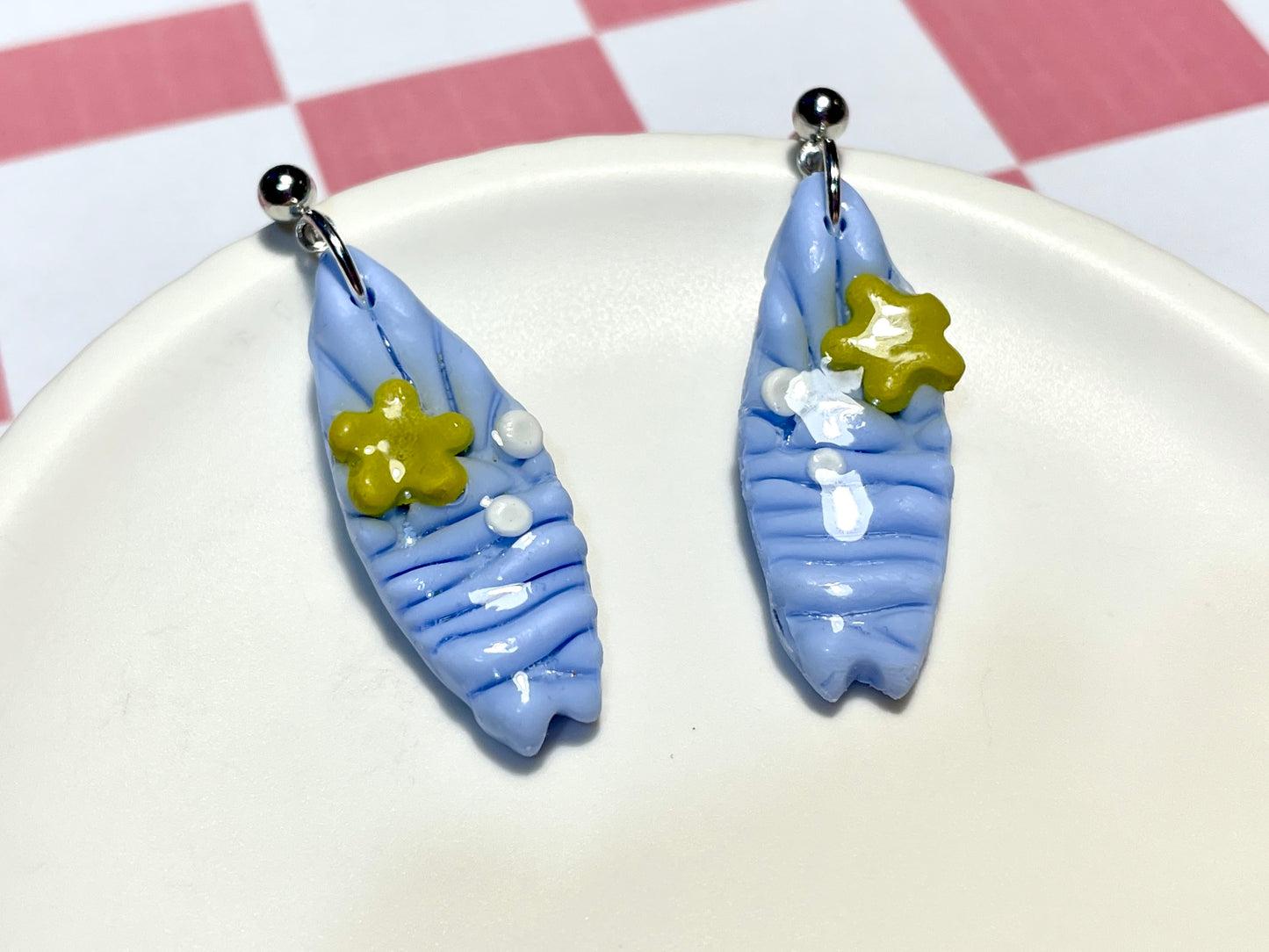 Blue Surfboard Earrings on Silver Stud with Flower